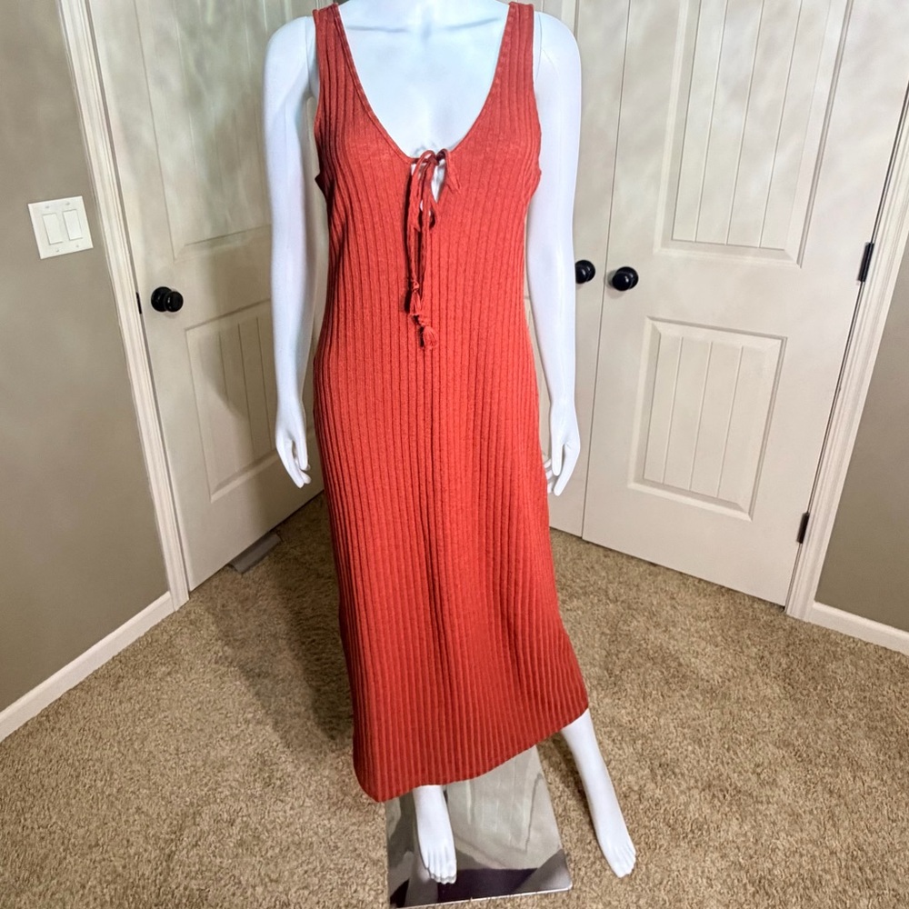 H&M Rust Ribbed Knit Midi Dress Sleeveless Tie Front Small